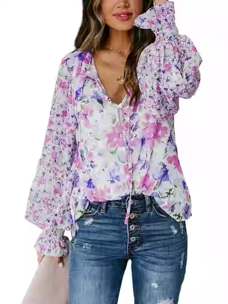 EVALESS Womens Tops 2024 Casual V Neck Boho Floral Printed Chiffon Blouses Loose Puff Sleeve Draw... | Walmart (US)
