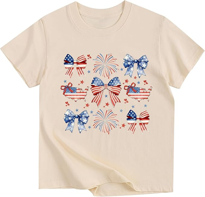 American Flag Shirts for Girls 4th of July Bow Patriotic Tshirts Cotton Short Sleeve Tees 3-13 Ye... | Amazon (US)