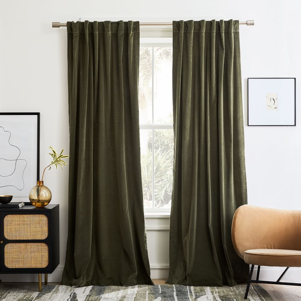 Cotton Velvet Curtain, Dark Olive, 48"x96", Set of 2 | West Elm (US)