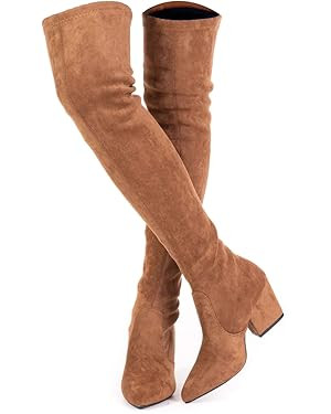 Mtzyoa Thigh High Block Heel Boot Women Pointed Toe Stretch Over The Knee Boots | Amazon (US)