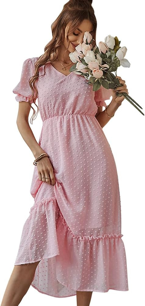 Anna-Kaci Women Summer Swiss Dot Short Sleeve Dress High Waist V Neck Floral Print Flowy Maxi Dre... | Amazon (US)