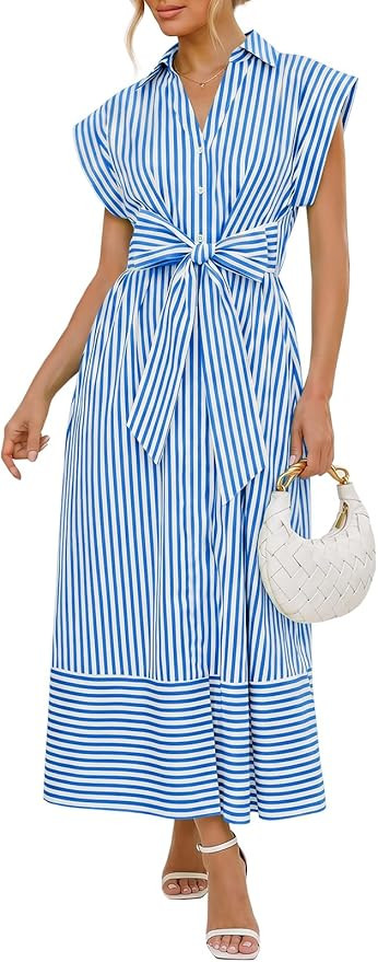 Wenrine Womens Summer Striped Maxi Dresses A Line Cap Sleeve Tie Waist Casual Button Collared Shi... | Amazon (US)