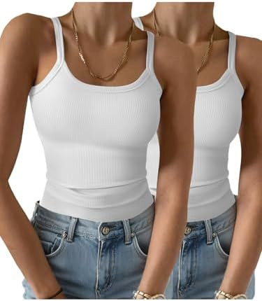 2 Pack Womens Sleeveless Tank Top Form Fitting Spaghetti Strap Scoop Neck Ribbed Knit Basic Cami ... | Amazon (US)