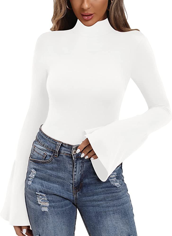 MANGOPOP Bell Sleeve Mock Neck Long Sleeve Short Sleeve Bodysuit for Going Out Tops for Women | Amazon (US)