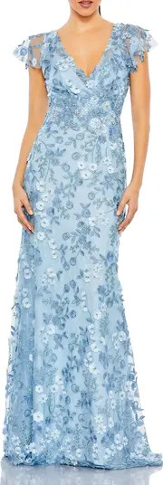 Embroidered Applique Wrap Over Flutter Sleeve Gown | Nordstrom