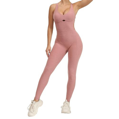 Qszmjo Seamless Backless Workout Athletic Bodysuit Women's Back Cross Yoga Gym One Piece Jumpsuit V Neck Sport Rompers for Fitness M | Amazon (US)