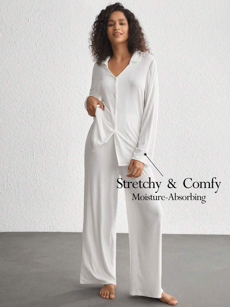 Ocili Leisure Solid Button Front Lounge Set White Set Holiday Season Cozy Outfit, Fall Winter Clothes | SHEIN