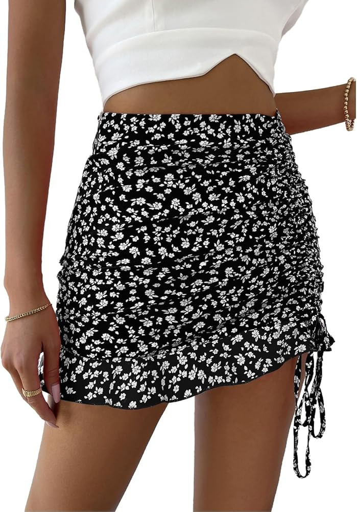 Floerns Women's Ditsy Floral High Waist Drawstring Ruched Side Ruffle Hem Bodycon Mini Skirt | Amazon (US)