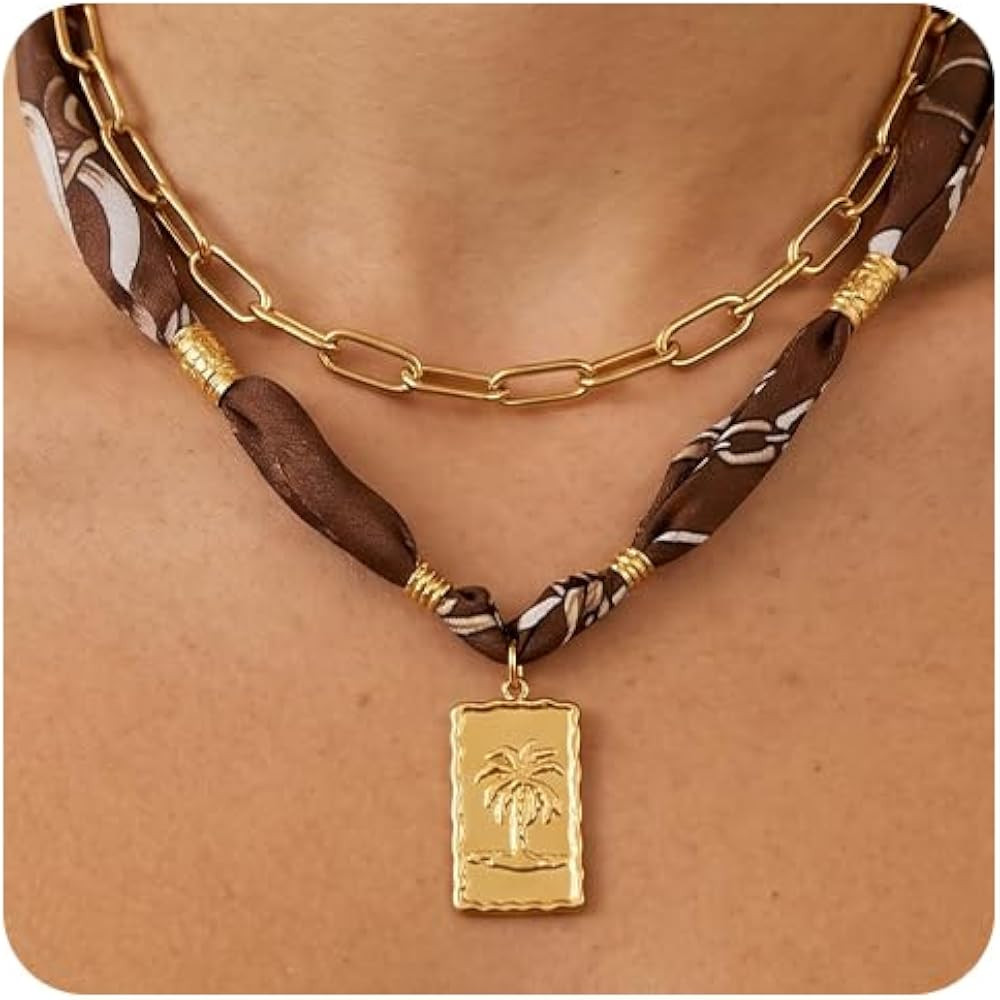 DoDoBeads Boho Western Scarf Necklace for Women \u2013 Satin Charm Choker & Layered Paperclip Cha... | Amazon (US)
