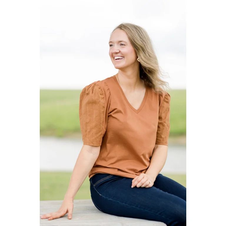 The Pioneer Woman Mixed Media Top with Puff Sleeves, Sizes XS-3X, Women’s | Walmart (US)