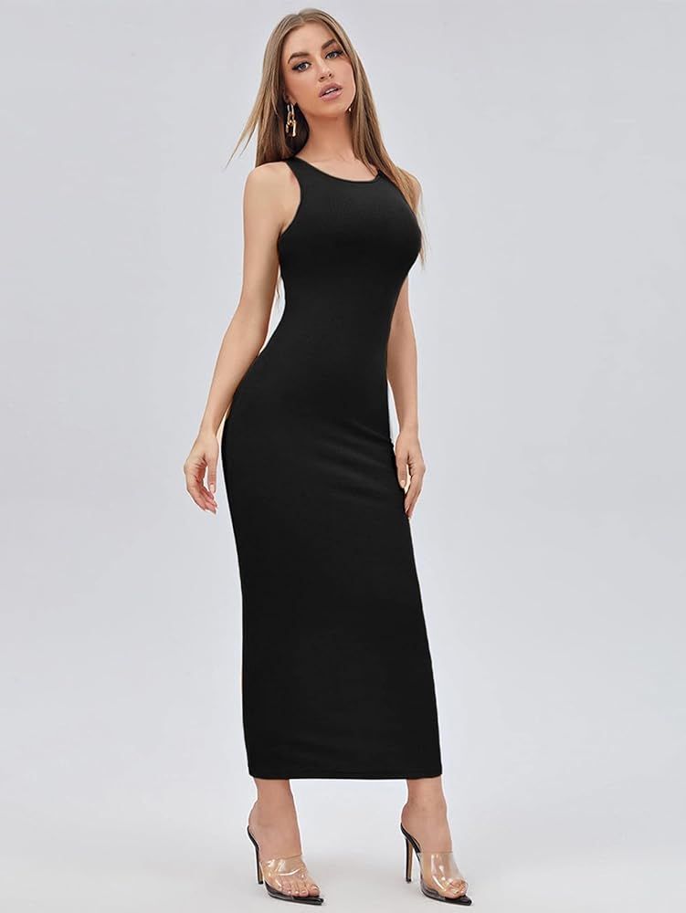 Verdusa Women's Basic Round Neck Sleeveless Solid Bodycon Maxi Long Dress | Amazon (US)