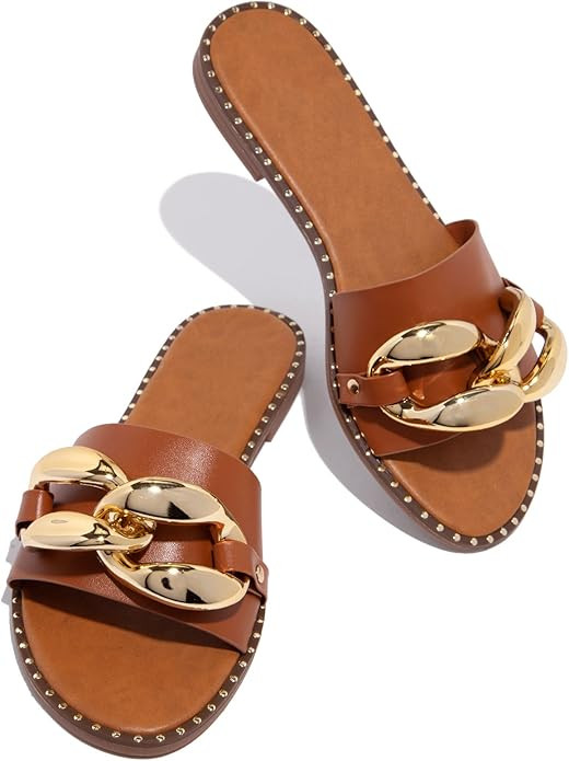 pearl&she Women's Leather Flat Slippers Metallic Link Chains Slip On Summer Indoor and Outdoor Sl... | Amazon (US)