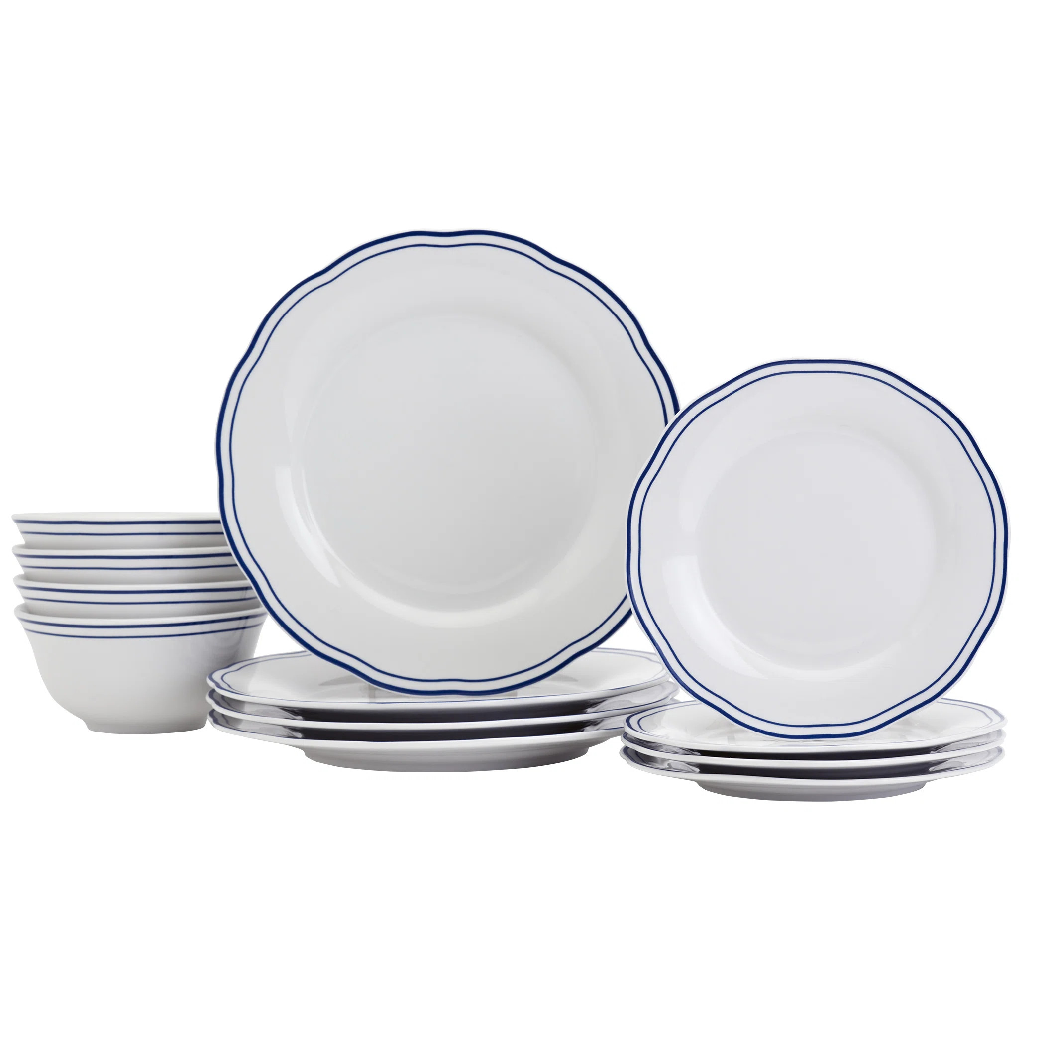 Tabletops Gallery Vintage 12 Piece Embossed Porcelain Dinnerware Set in White with Blue Stripes | Wayfair North America
