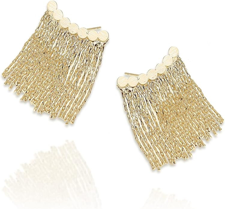 Sonateomber Statement Gold Chain Waterfall Earrings for Women - Trendy Curved Bar Long Tassel Fri... | Amazon (US)