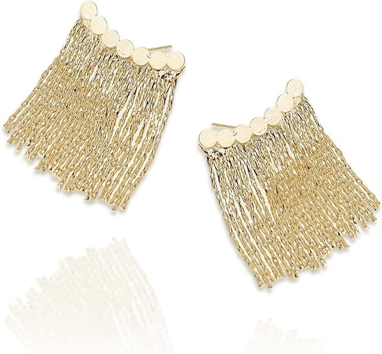 Sonateomber Statement Gold Chain Waterfall Earrings for Women - Trendy Curved Bar Long Tassel Fri... | Amazon (US)