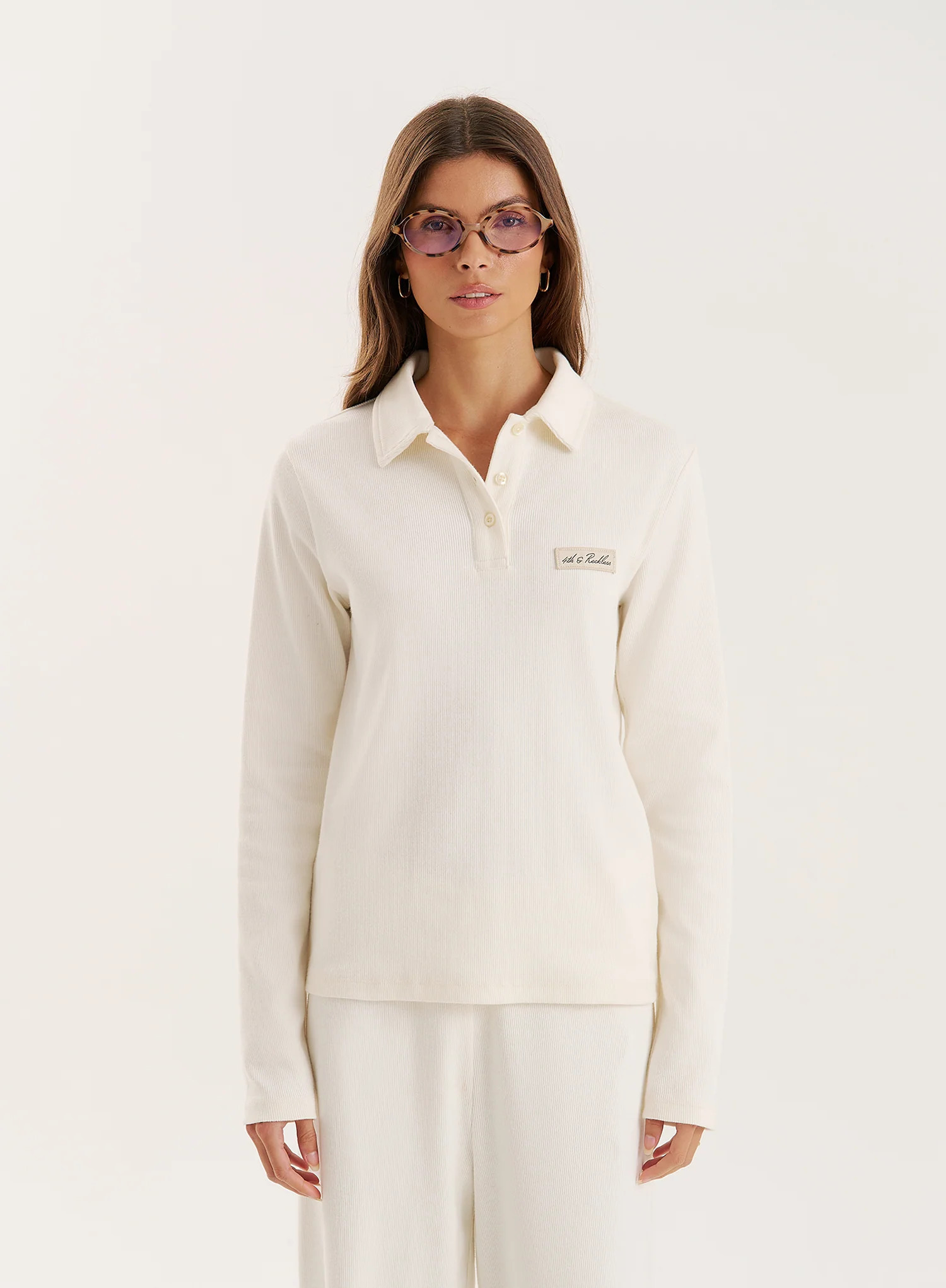 Ecru Fine Ribbed Jersey Longsleeve Top- Liliana | 4th & Reckless