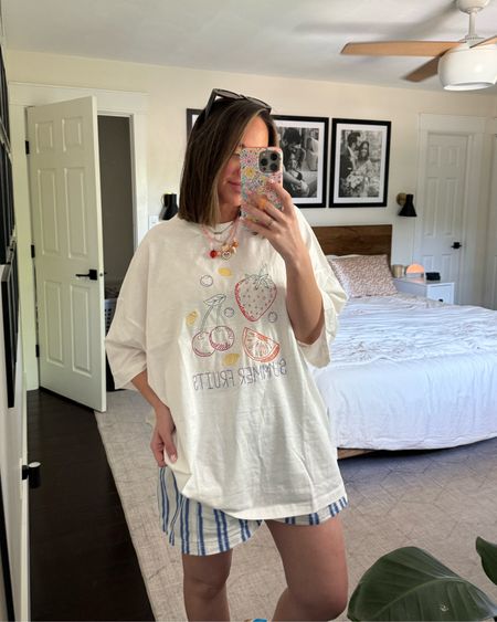 Cutest graphic tee for summer 🍓🍋🫐 this exact one is sold out but I linked the cutest fruit tees! I did XL for it to be super oversized but would do L now (that I’m not prego lol) 🩷🩷

ASOS, summer tees, summer outfit, Sundays, boxer shorts, free people 

#LTKFindsUnder50 #LTKSeasonal