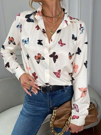 Butterfly Print Button Front Blouse | SHEIN