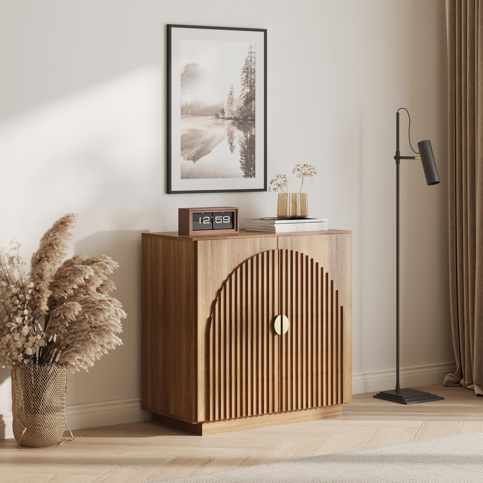 BELLEZE Modular Fluted Sideboard Buffet Cabinet with Storage, Mid-Century Modern Console Table with Symmetrical Arched Doors, Elegant Credenza for Dining Room, Kitchen, and Living Room, Caramel Brown | Amazon (US)