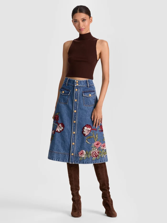 DAHLIA EMBROIDERED DENIM SKIRT | Alice + Olivia
