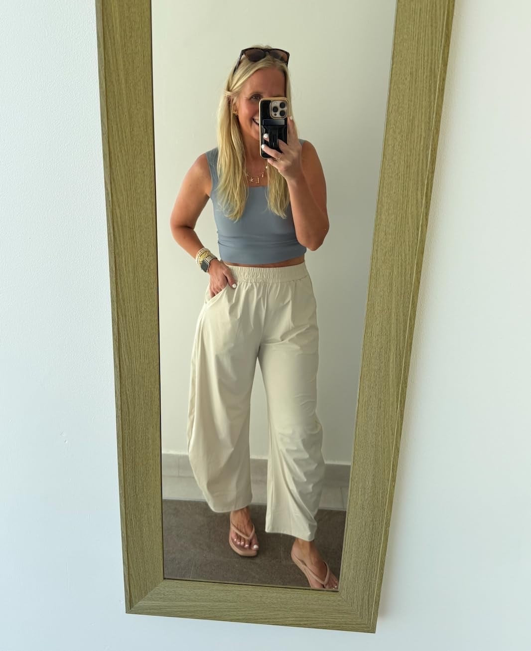 Wearing a medium in these quick dry barrel pants and a medium in the tank with a built-in shelf bra and padding.

#LTKmomlife #LTKootd