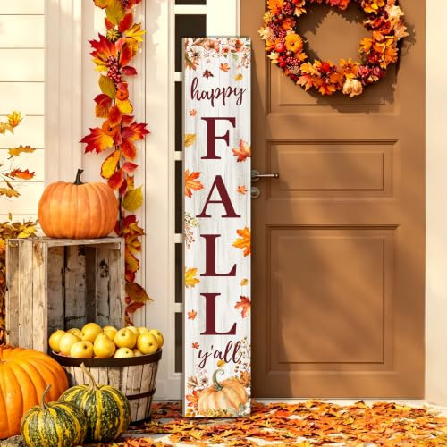 Happy Fall Y'all Welcome Porch Sign, 47.2 Inches Vertical Outdoor Fall Decor, Autumn Harvest Pumpkin & Maple Leaf Hanging Standing Sign for Front Door, Porch, Yard Wall | Amazon (US)