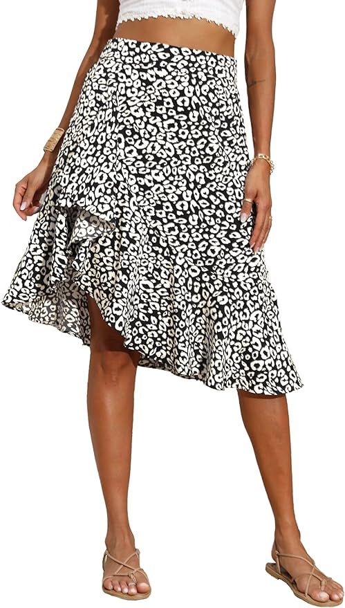 PRETTYGARDEN Women's Chiffon Leopard Print High Waist Ruffle Pleated Skirt Floral Asymmetrical Mi... | Amazon (US)