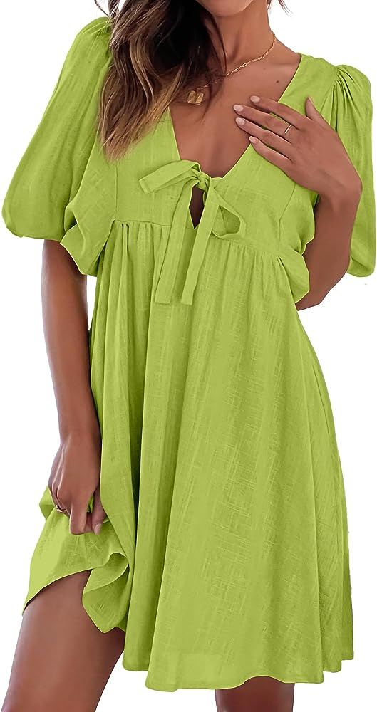 Women's Casual Dresses 2024 Summer Dresses Lantern Sleeve Mini Dress Solid Color V Neck Tie Front... | Amazon (US)