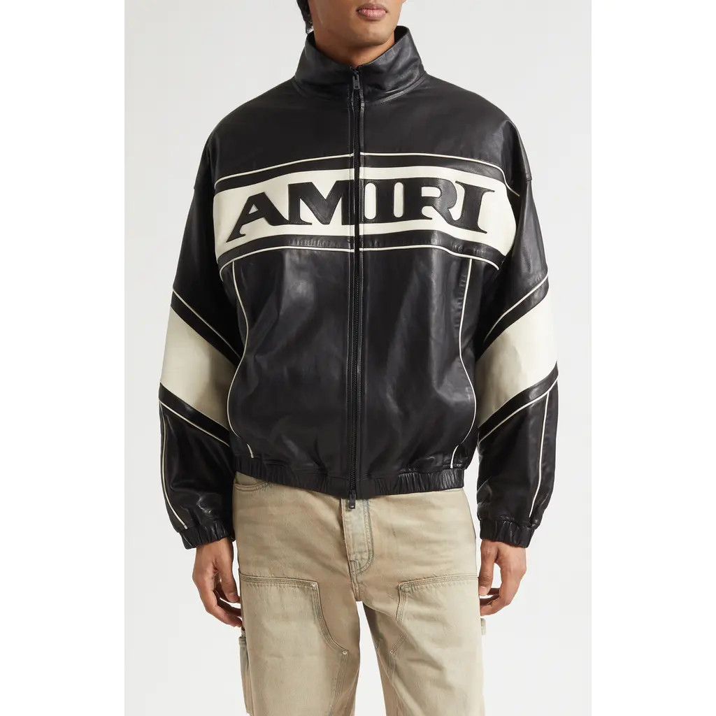 AMIRI Sport Logo Lambskin Leather Jacket in Black at Nordstrom, Size 42 Us | Nordstrom