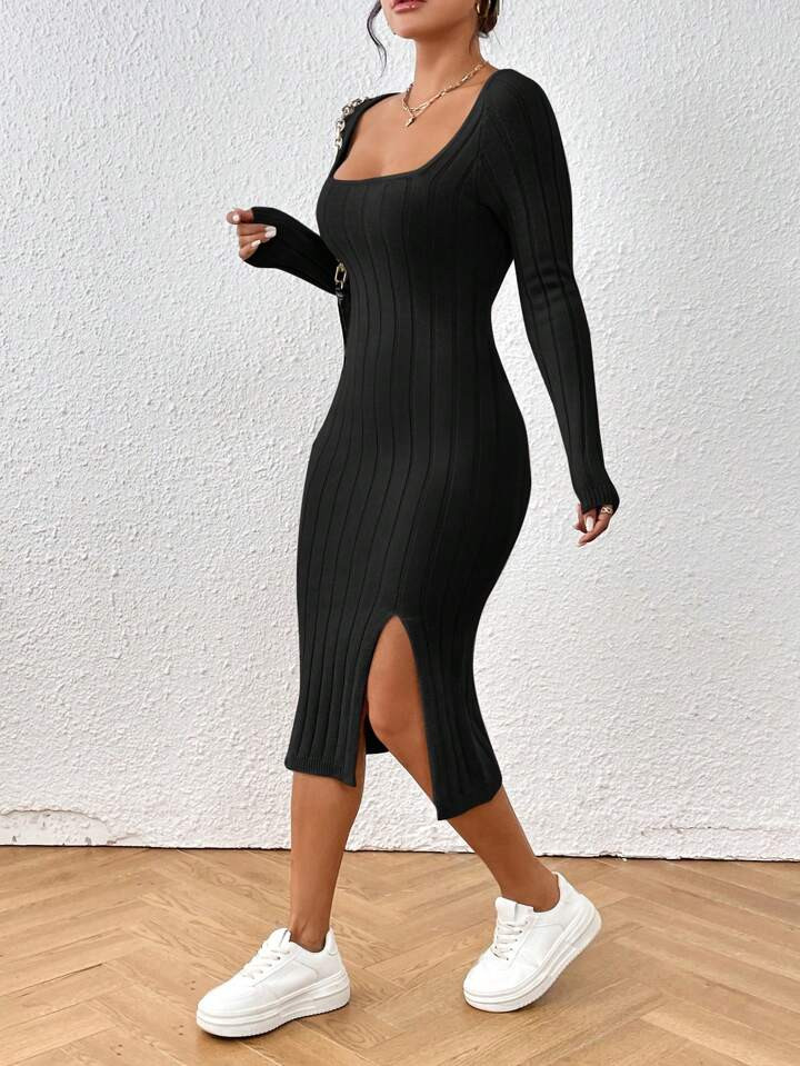 SHEIN Frenchy Square Neck Split Thigh Ribbed Knit Bodycon Sweater Dress | SHEIN