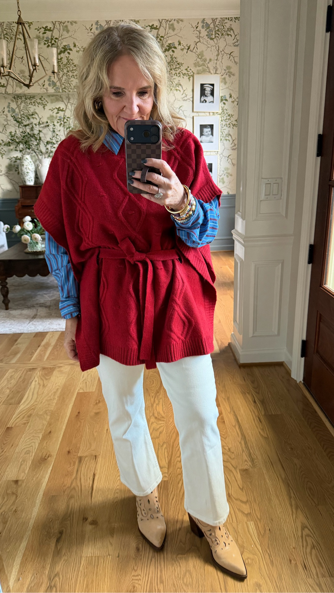 Poncho size XS/S
Blouse size medium 
Spanx ecru jeans I sized up two sizes to a 12
Boots size up a half size they’re on sale
My jewelry 30% off code NANETTE30 through Wednesday 

#LTKSaleAlert #LTKOver40 #LTKFindsUnder100