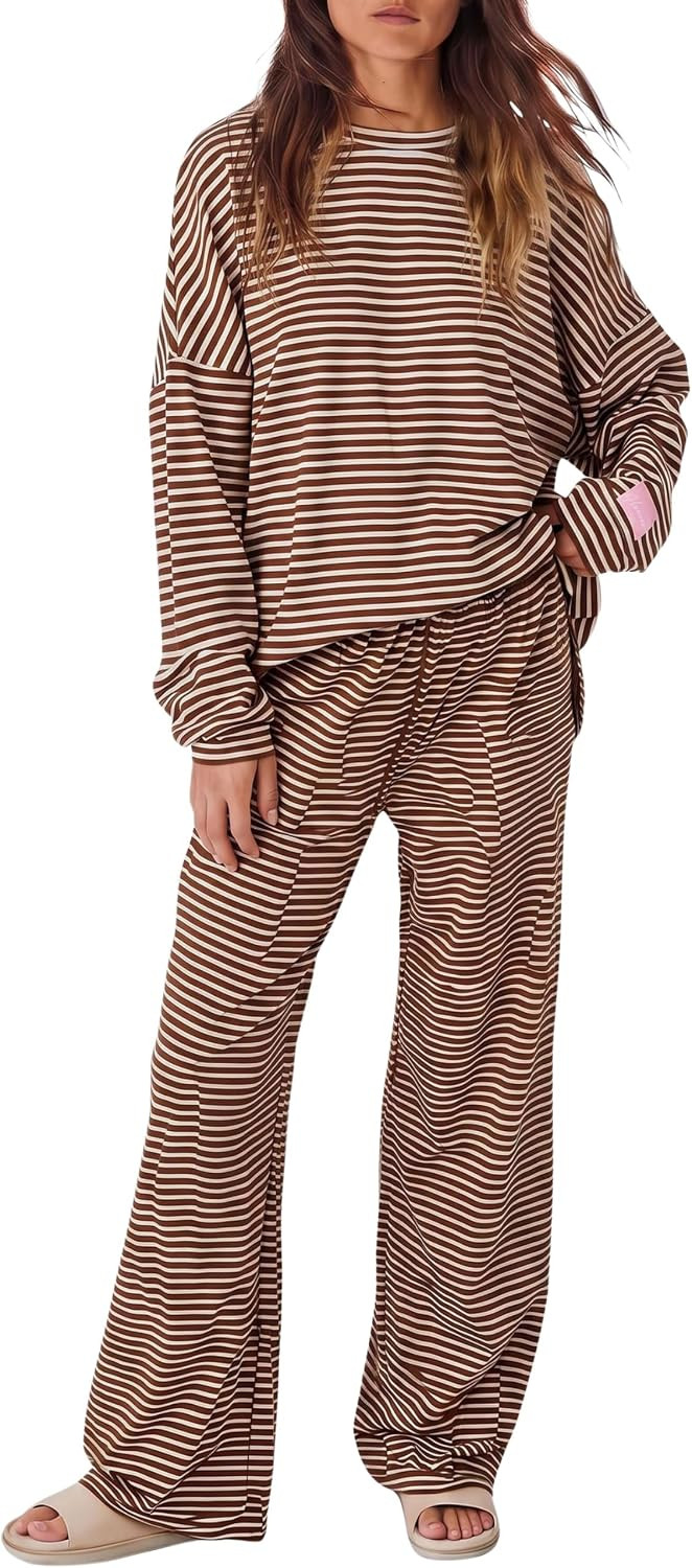 Hooever Women's Oversized Striped 2 Piece Outfit Long Sleeve Crew Neck Top Wide Leg Loungewear Pants | Amazon (US)