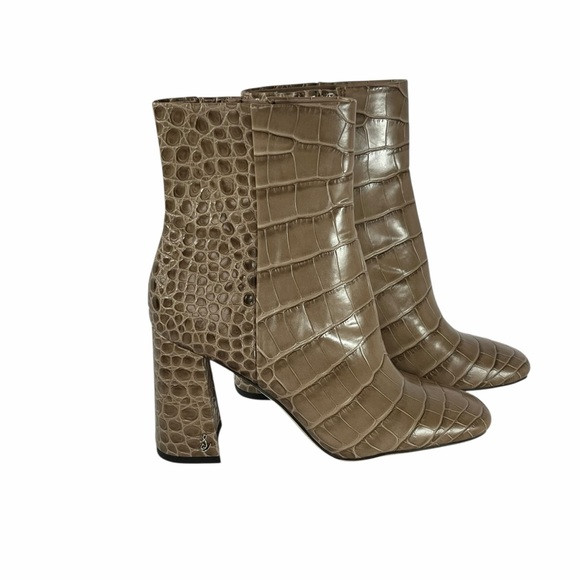 Sam Edelman Codie Croc Embossed Square‎ Toe Block Heel Booties Taupe Size 7 | Poshmark