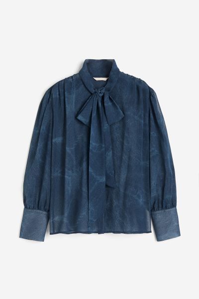 Tie-neck chiffon blouse - Dark blue - Ladies | H&M GB | H&M (UK, MY, IN, SG, PH, TW, HK)