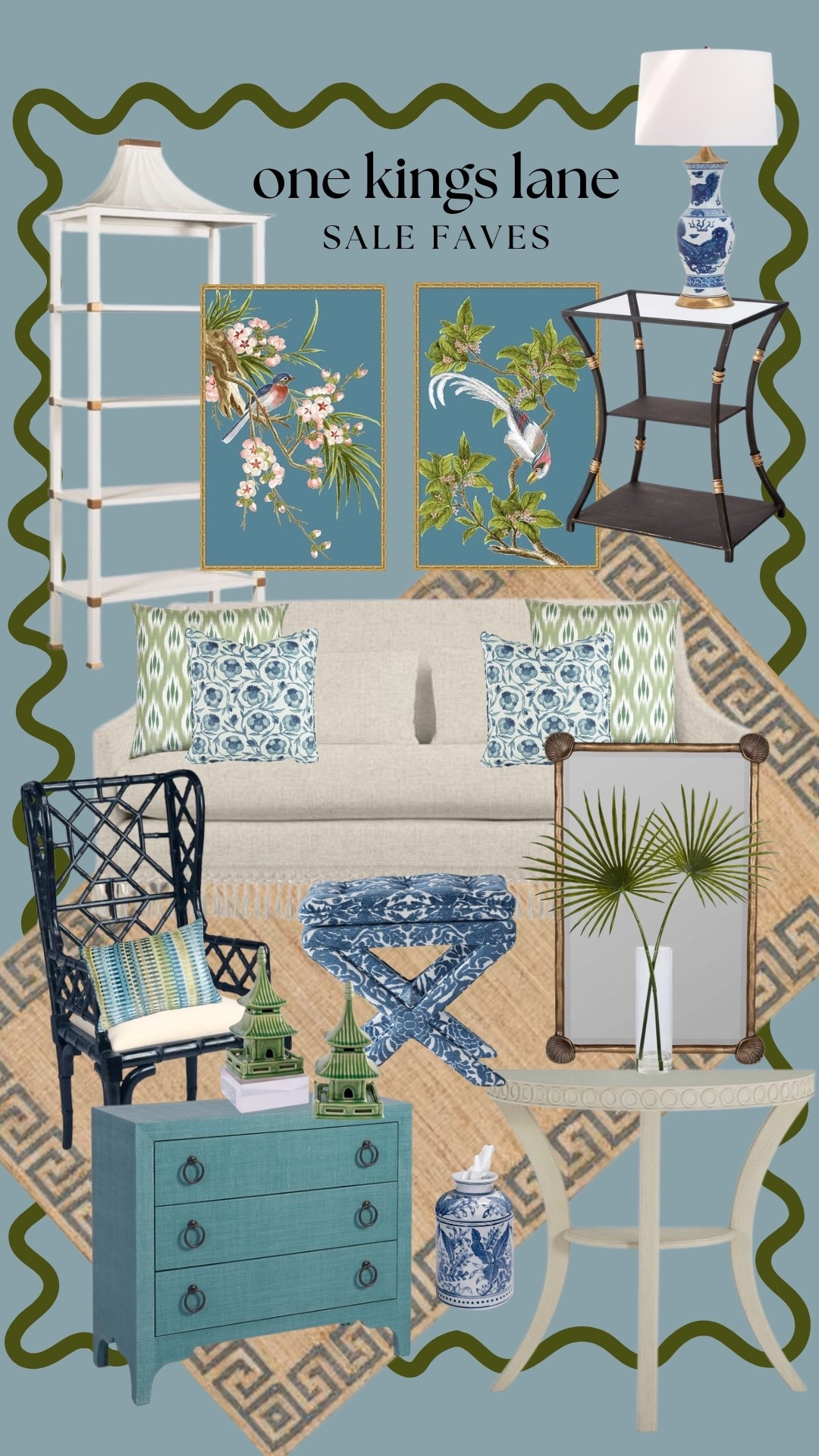 One Kings Lane sale, Black Friday Sale, home decor sale, ottomans, blue and green ottomans, black bamboo chair, fringe sofa, blue ottoman, shell mirror, faux palm, white demilune, black side table, Chinoiserie art, chinoiserie chic, white etagere, teal grass cloth chest, blue and green pillows, Greek key rug, blue and white decor, blue and white lamp

#LTKSaleAlert #LTKHome #LTKCyberWeek