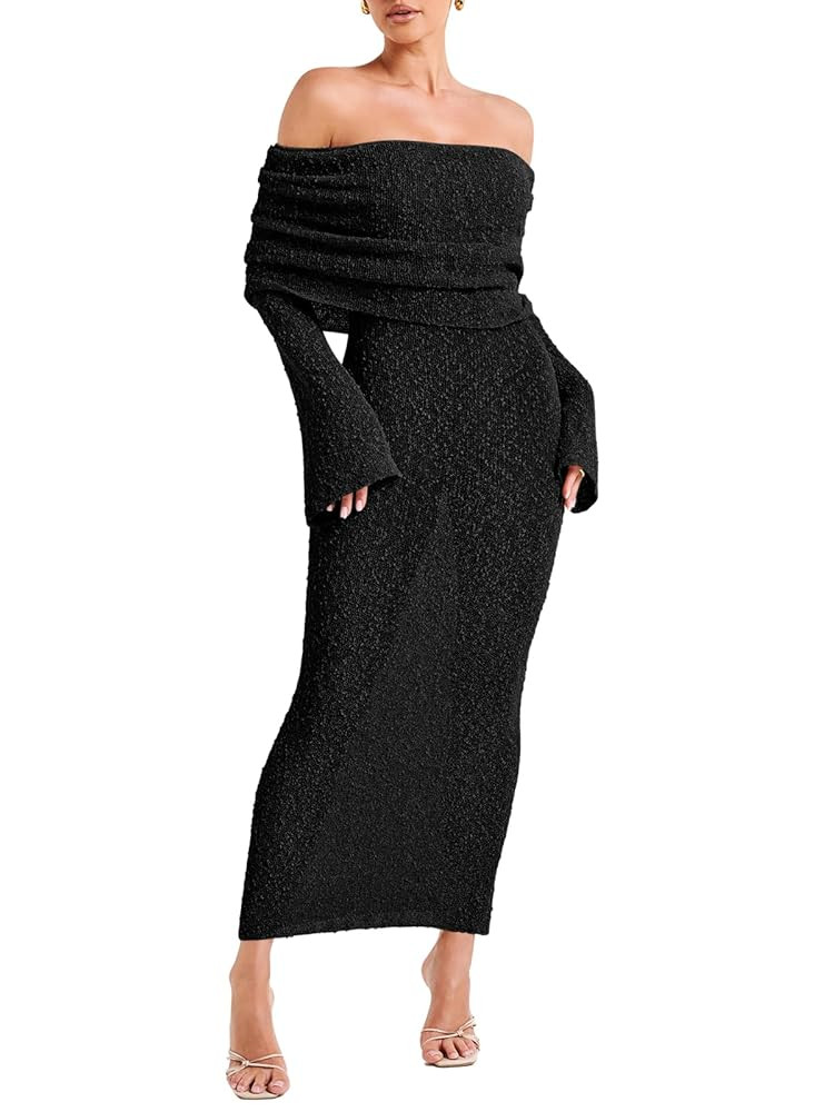 Womens Off Shoulder Bodycon Maxi Dress Bell Long Sleeve Sexy Strapless Sheer Dress Beach Swimsuit... | Amazon (US)