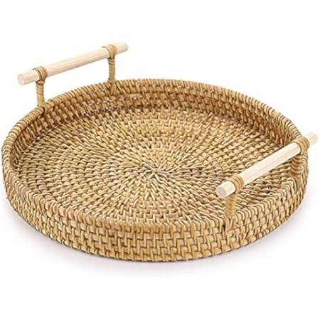 Woven Serving Tray, Rattan Round Tray, Wicker Serving Basket with Wooden Handles (12.6 inch / 32cm) | Amazon (US)