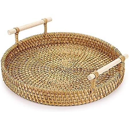 Woven Serving Tray, Rattan Round Tray, Wicker Serving Basket with Wooden Handles (12.6 inch / 32cm) | Amazon (US)