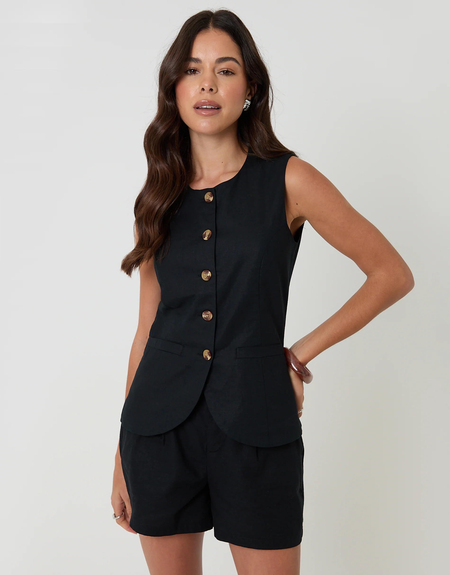 Black Linen Blend Longline Waistcoat | Threadbare