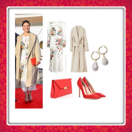 Crown Princess Victoria Toteme coat and Saloni dress, cravingfor earrings, Stella McCartney purse, Rossi suede red heels 