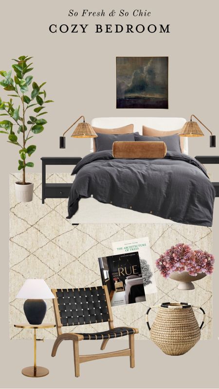 Cozy bedroom decor mood board.
-
Neutral bedroom rug - rattan shade wall sconces - grey linen duvet cover set - affordable black nightstands - moody wall art - faux rubber plant - faux tree - ceramic bowl - faux hydrangeas - brass accent table adjustable - black ceramic table lamp - coffee table
Books - black woven leather chair - small woven basket with handles - opalhouse target studio mcgee Arhaus pottery barn Etsy magnolia hearth and hand - transitional bedroom decor - neutral bedroom decor - velvet bolster pillow - lulu and Georgia sale 

#LTKsalealert #LTKhome