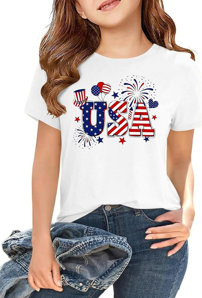 Boys Girls 4th of July Shirt Cotton Kids Red White and Blue USA American Flag Shirt Comfortable P... | Amazon (US)