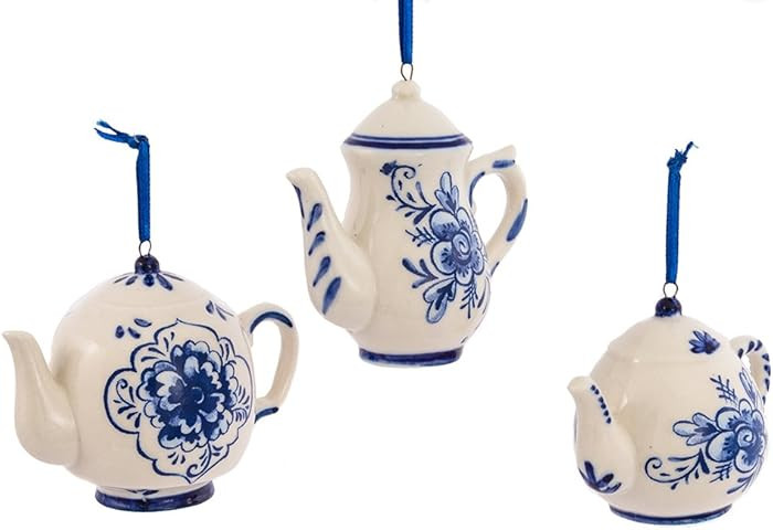Kurt Adler 2-3" Porcelain Delft Blue Teapot Ornament Set of 3,for Christmas | Amazon (US)