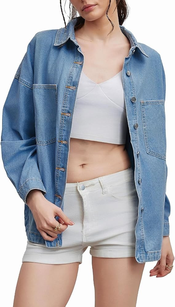 LifeShe Women Denim Shirt Jean Jacket Oversize Button Down Shirt Long Sleeve Jean Tops Trendy Sha... | Amazon (US)