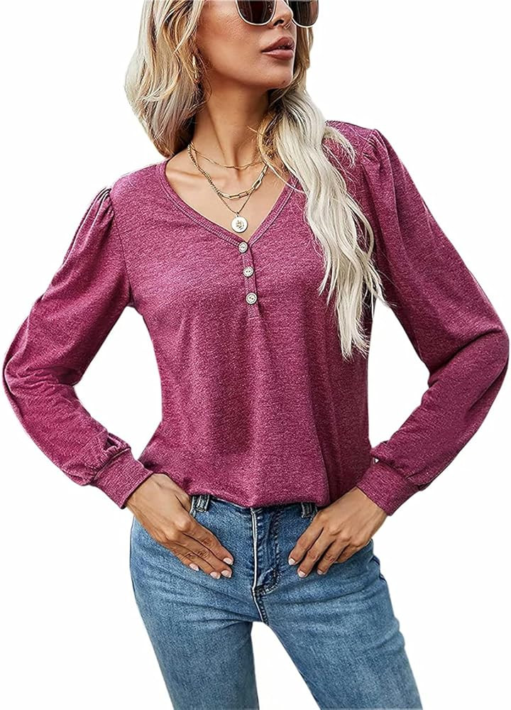 LANKMEI Women Button V Neck T-Shirt Long Sleeve Tunic Tops | Amazon (US)