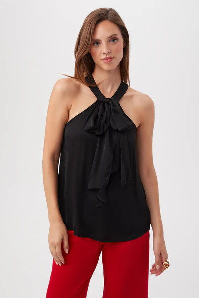 MALLIE SILK SATIN SLEEVELESS BOW HALTER TOP | Trina Turk