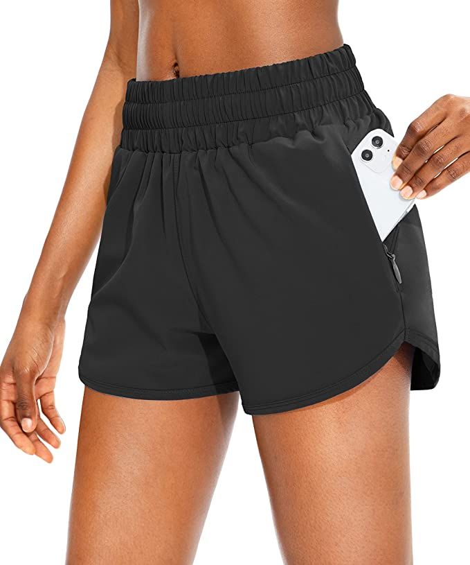 SANTINY Women's Running Shorts with Zip Pockets High Waisted Athletic Workout Gym Shorts for Wome... | Amazon (US)