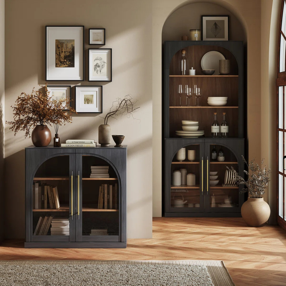 Set of 3 Modular Sideboard with Arched Glass Door and Adjustable Shelves, Ebony (Set of 3) | Wayfair North America