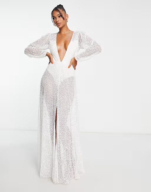 Starlet Bridal sheer balloon sleeve plunge sequin maxi dress in ivory trailing sequin | ASOS | ASOS (Global)