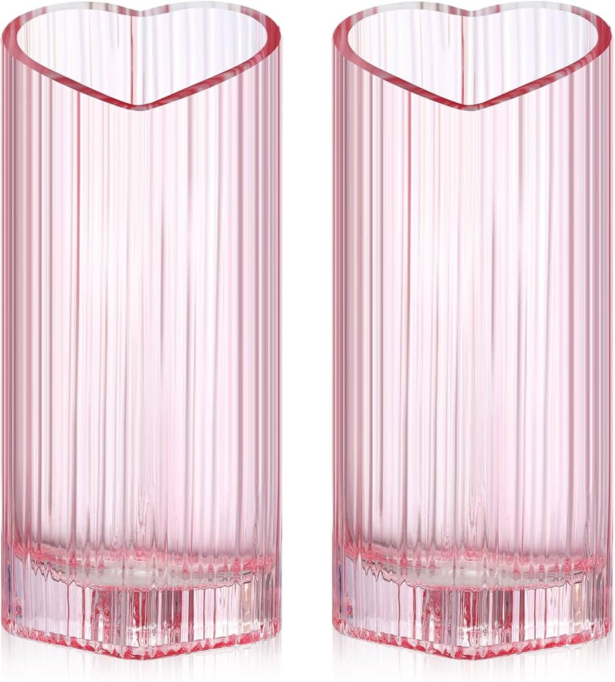 Layhit 2 Pcs Valentine's Day Heart Shaped Pink Flower Vase, 10.6'' Tall Pink Glass Vase, Heart Va... | Amazon (US)